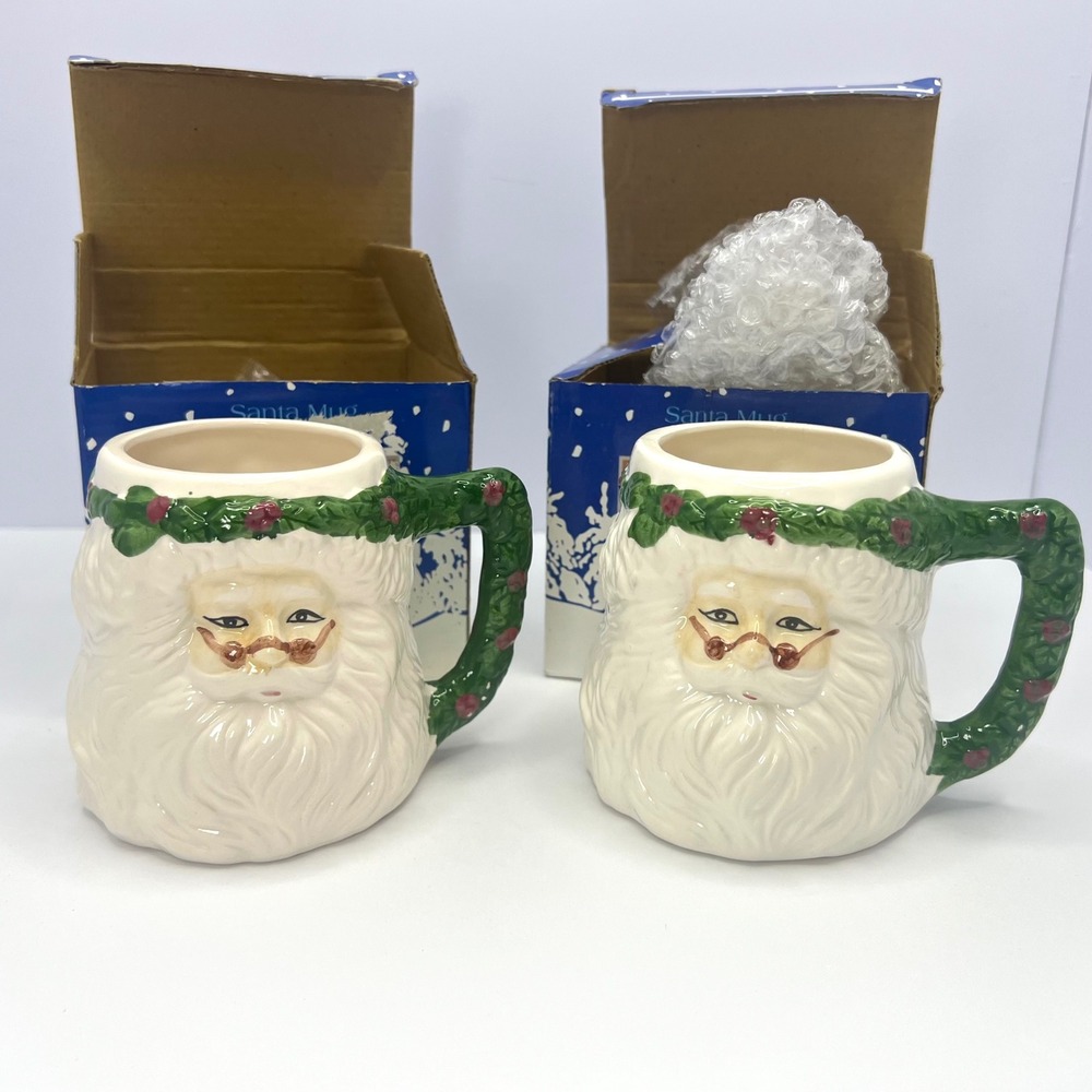 Tasso Santa Mugs NIB Set‎ of 2 Christmas Ceramic Coffee Cup Holiday Decor